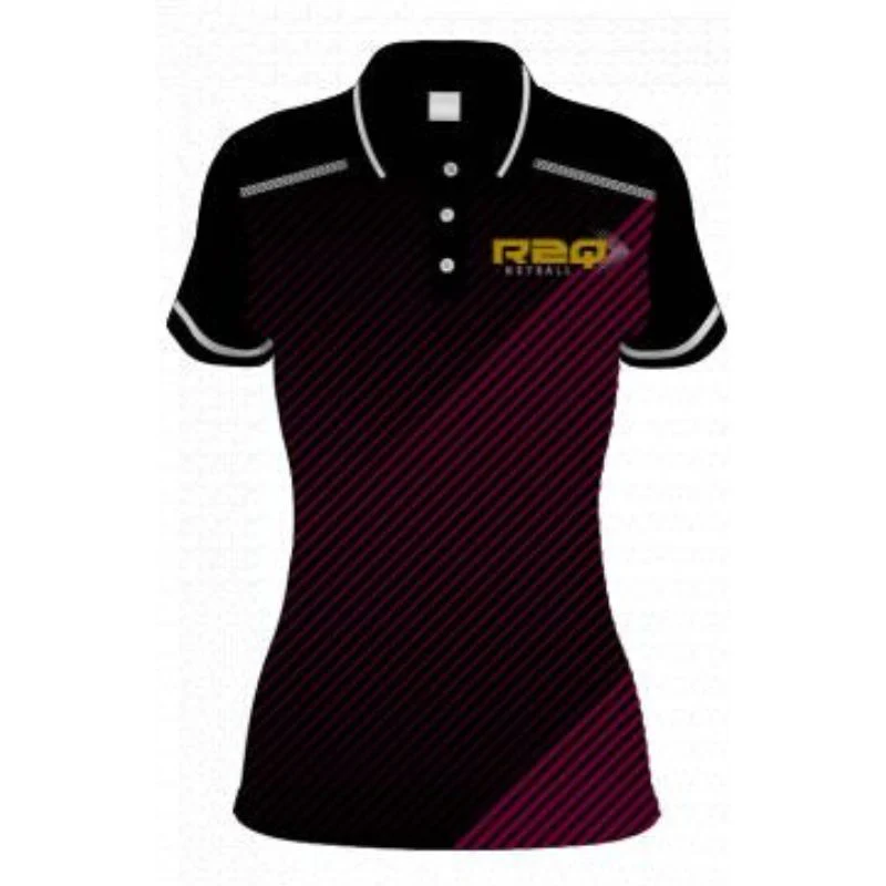 R2Q Netball SlimFit HP Polo Black Maroon